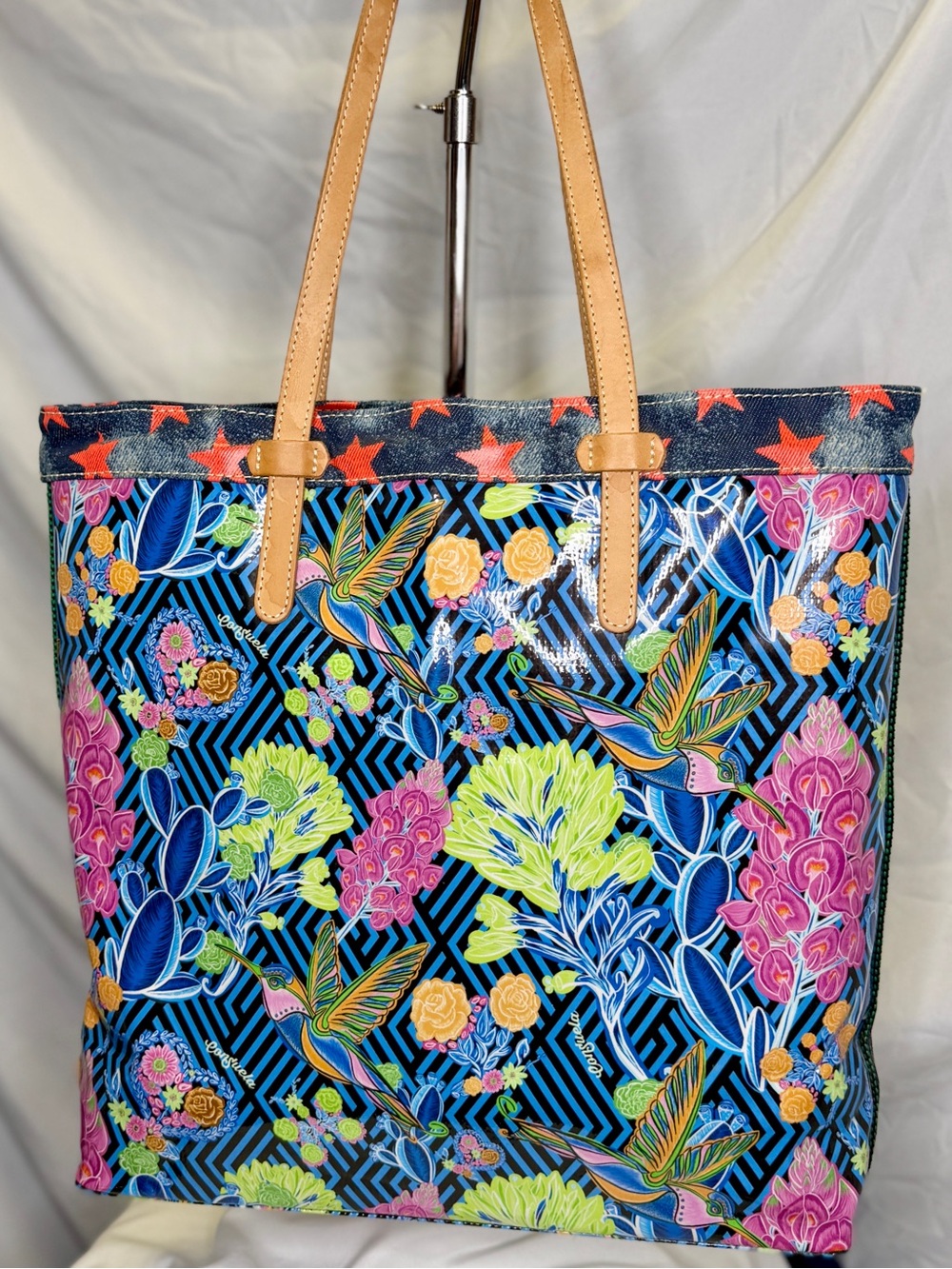 CONSUELA Blue Jewel Hummingbird Floral Denim Trim Leather Carryall Slim Tote Bag